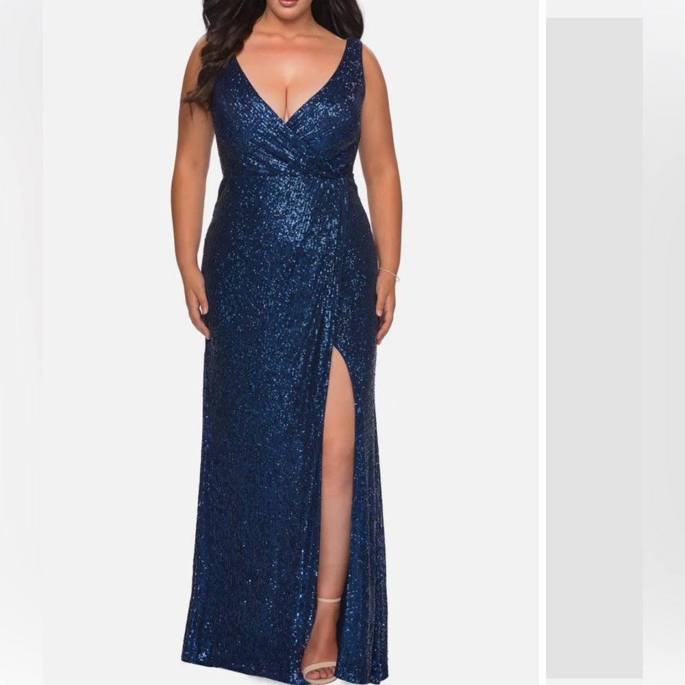La Femme Curve Sequin Dress Gown Size 14 Women Mother Of Bride Navy Faux Wrap